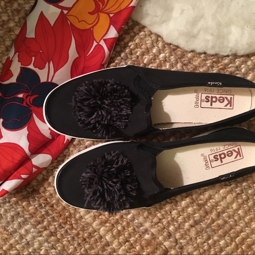 Keds triple decker black Pom Pom platform slip on